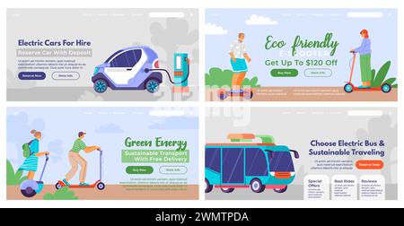 Raccolta di pagine Web per la promozione sui trasporti elettrici Illustrazione Vettoriale