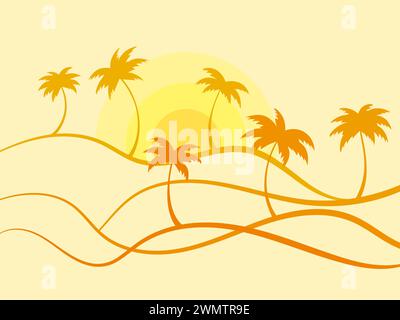 Paesaggio tropicale con palme al tramonto in uno stile minimalista. Paesaggio ondulato lineare con palme. Progettazione di opuscoli pubblicitari, striscioni, Illustrazione Vettoriale