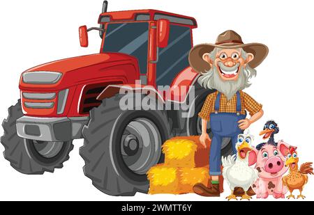 Allegro agricoltore accanto ai trattori e agli animali da fattoria Illustrazione Vettoriale