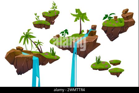 Piattaforma di terra galleggiante con erba verde, cespugli e palme, scogliera rocciosa e ruscello fluviale con cascata per il concetto di salto di livello dell'interfaccia utente dei videogiochi. Set di cartoon vettoriali di isole di terra volanti fantasy. Illustrazione Vettoriale