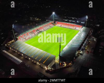 Bournemouth, Dorset, Regno Unito. 27 febbraio 2024. Vista aerea dello stadio Vitality illuminato dopo la partita di fa Cup tra l'AFC Bournemouth e Leicester City. Crediti fotografici: Graham Hunt/Alamy Live News Foto Stock