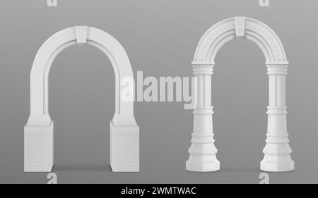 Antico arco romano in argilla bianca decorata. Serie di illustrazioni vettoriali 3d realistiche con colonne greche in pietra dell'edificio del tempio decorazioni di porte o finestre. Arco dall'architettura classica antica. Illustrazione Vettoriale