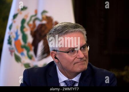 Città del Messico, Messico. 27 febbraio 2024. 27 febbraio 2024, città del Messico, Messico: Il Segretario generale dell'Organizzazione per la cooperazione e lo sviluppo economico, Mathias Cormann, alla presentazione delle indagini economiche dell'OCSE Messico al Palazzo Nazionale di città del Messico. Il 27 febbraio 2024 a città del Messico, Messico (foto di Luis Barron/Eyepix Group/Sipa USA). Crediti: SIPA USA/Alamy Live News Foto Stock