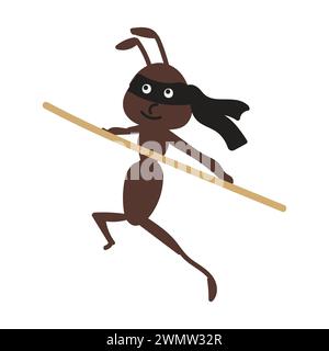 Formica che salta in una maschera. Personaggio divertente in stile cartoni animati. Illustrazione vettoriale isolata su sfondo bianco. Illustrazione Vettoriale