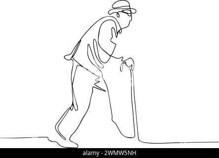 Disegno continuo su una linea del profilo a tutta lunghezza di un anziano che cammina con un bastone. Illustrazione vettoriale Illustrazione Vettoriale
