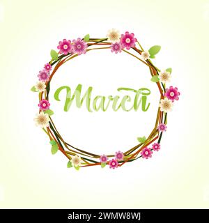 Saluti di marcia creativi con immagine digitale della fioritura dei ciliegi. Corona elastica. Illustrazione vettoriale. Ramo rotondo di Sakura. Cerchio decorato con fiori Illustrazione Vettoriale