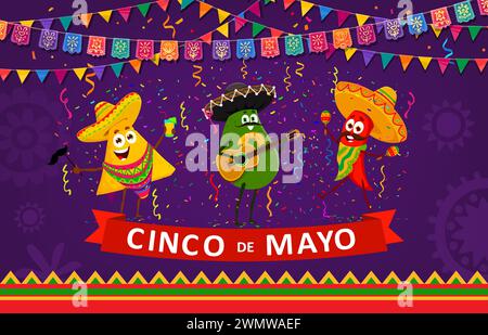 Nachos, avocado e peperoncino personaggi delle festività messicane di Cinco de Mayo, striscione vettoriale. Divertente avocado messicano in sombrero, pepe mariachi con maracas e picado di papel per Cinco de Mayo fiesta Illustrazione Vettoriale