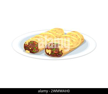 Enchiladas cibo tradizionale messicano. Farina vettoriale nazionale latina, tortillas arrotolate ripiene di ingredienti salati come carne, fagioli o formaggio, soffocate in saporita salsa al peperoncino e cotte alla perfezione Illustrazione Vettoriale