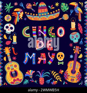 Cinco de mayo bandiera messicana per le vacanze con teschi di zucchero calavera, cappello da toucan e sombrero, fiori tropicali e chitarra. Biglietto d'auguri vettoriale colorato per il tradizionale evento celebrativo del Messico Illustrazione Vettoriale