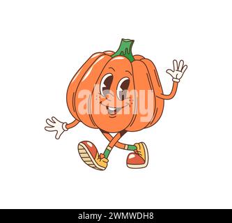 Personaggio cartoni animati di zucca. Un vettoriale isolato, fantasioso e giocoso personaggio vegetale con un allegro sorriso e colori retrò catturano l'essenza della nostalgia degli anni '70. Affascinante, funky, vegetale animato Illustrazione Vettoriale