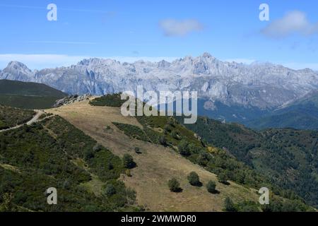 Catena montuosa Cantabrica vista da Collado de Llesba. Cantabria, Spagna. Foto Stock