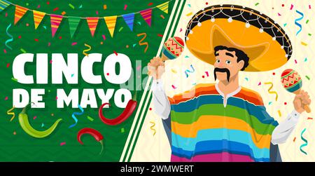 Banner Cinco De Mayo, personaggio messicano con maracas in sombrero per le vacanze, sfondo vettoriale. Poster di festa messicano Cinco De Mayo fiesta con l'uomo in sombrero, peperoncino e peperoni jalapeno Illustrazione Vettoriale