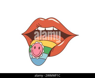 Cartoon Groovy Woman bocca con lingua e timbro della droga. Le labbra vettoriali isolate rivelano una lingua arcobaleno sporgente, adornata da un piccolo e vividamente progettato blotter di sorrisi, che suggerisce esperienze psichedeliche Illustrazione Vettoriale