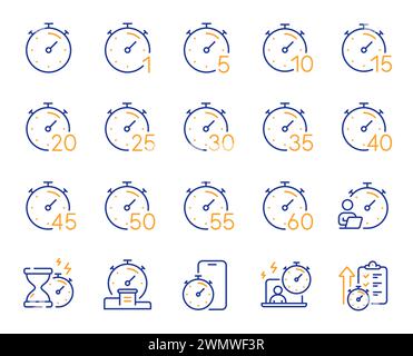 Icone di linea del timer. Clessidra, orologio e cronometro. Vettore Illustrazione Vettoriale