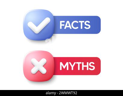 Pulsanti fatti e miti con segno di spunta e croce. Banner design per aziende, notizie e giornalismo. Vettore Illustrazione Vettoriale