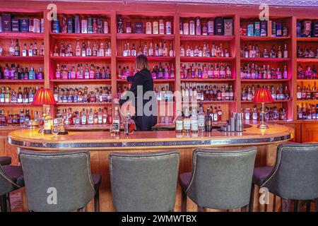 Il bar Cooper Dog dell'hotel Craigellachie è fiancheggiato da bottiglie di whisky, Craigellachie, Scozia Foto Stock
