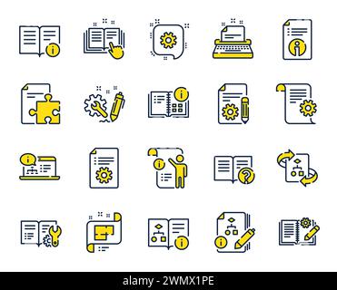 Icone della riga della documentazione tecnica. Set di istruzioni, piano e Manuale. Vettore Illustrazione Vettoriale