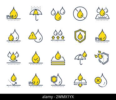 Icone di linea impermeabili. Superficie in tessuto resistente, protezione ip68 e resistente all'umidità. Vettore Illustrazione Vettoriale