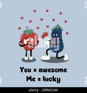 Illustrazione Cartoon scanalato. Una melanzana mustachizzata in cravatta dà fiori a una bella fragola e i cuori volano intorno. Illustrazione Vettoriale