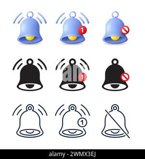 Set di icone della campana di notifica. Messaggi in arrivo, suoneria e icone di promemoria dei nuovi messaggi. Illustrazione vettoriale Illustrazione Vettoriale