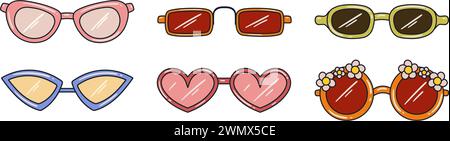 Set di occhiali da sole hippie dallo stile retrò diverso. Atmosfera estetica retrò, anni '70 Illustrazioni vettoriali in stile piatto disegnate a mano Illustrazione Vettoriale