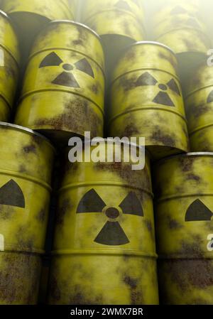 Fusti di rifiuti nucleari impilati arrugginiti, formato verticale Foto Stock