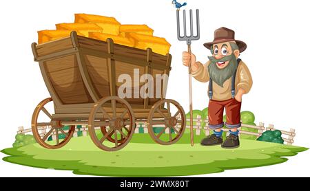 Agricoltore sorridente in piedi accanto a un carro da fieno carico. Illustrazione Vettoriale