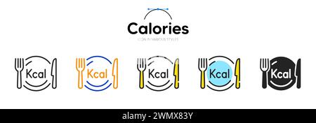 Icona della linea calorie in stili diversi. Stile traccia contorno bicolore. Simbolo della dieta kcal per la rete. Vettore Illustrazione Vettoriale