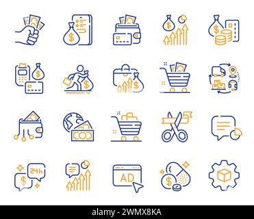 Icone della linea Money Invest. Set frode finanziaria, pagamento portafoglio e corruzione contanti. Vettore Illustrazione Vettoriale