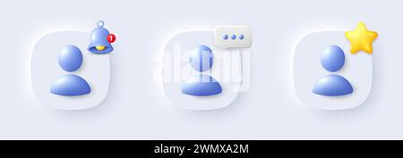 Pulsanti segnaposto avatar 3D. Migliore amico, avviso campanello e icona nuovo messaggio. Illustrazione vettoriale Illustrazione Vettoriale