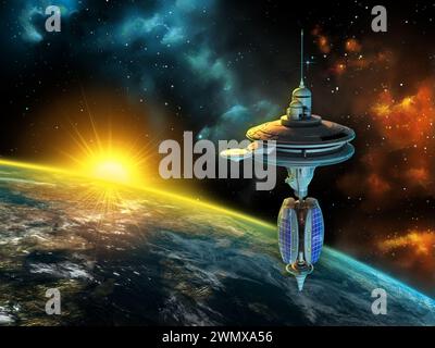 La stazione spaziale si affaccia su uno splendido panorama spaziale. Illustrazione digitale. Foto Stock