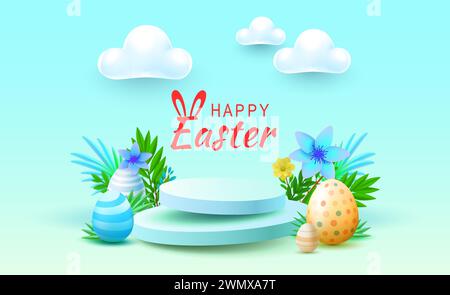 Podio delle vacanze di Pasqua, lepre con un cestino di uova di Pasqua, coniglietto pasquale e uova. Vettore Illustrazione Vettoriale