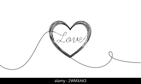Simbolo d'amore astratto su una linea. Sfondo a forma di cuore per San Valentino o per la festa della mamma. Disegno con disegni a linee continue. Vettore Illustrazione Vettoriale