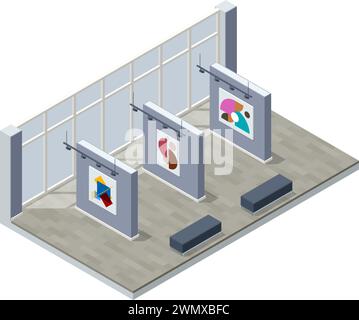 Isometric Interior of the Modern Art, un museo d'arte. Sala nel museo con opere d'arte Illustrazione Vettoriale