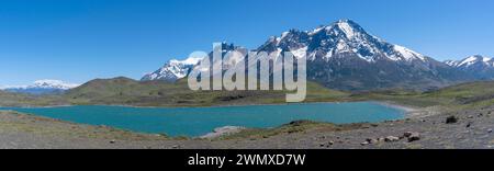 Panorama, lago ai piedi delle Ande, Parco Nazionale Torres del Paine, Parque Nacional Torres del Paine, Cordillera del Paine, Torri del Foto Stock