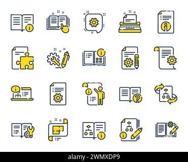Icone della riga della documentazione tecnica. Set di istruzioni, piano e Manuale. Vettore Illustrazione Vettoriale