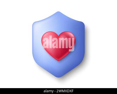 Icona dell'assicurazione medica. Scudo con cuore 3D. Cartello di protezione sanitaria. Difesa della salute. Vettore Illustrazione Vettoriale