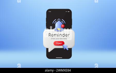 Messaggio promemoria telefono sullo schermo. Nuovo avviso sullo smartphone. Campanello di notifica di avviso. Messaggio di evento importante. Vettore Illustrazione Vettoriale