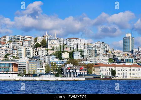 Skyline di Karakoy e Beyoglu visto dal Bosforo, Istanbul, Turchia Foto Stock