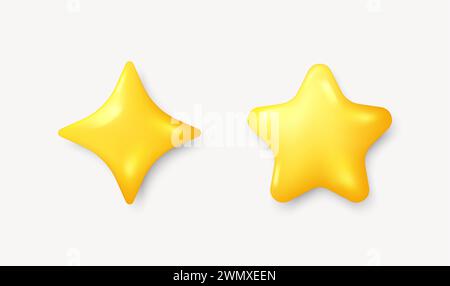 Set di forme di stelle gialle. Stelle 3d realistiche in stile cartoni animati. Simbolo di classificazione del gioco. Illustrazione vettoriale Illustrazione Vettoriale