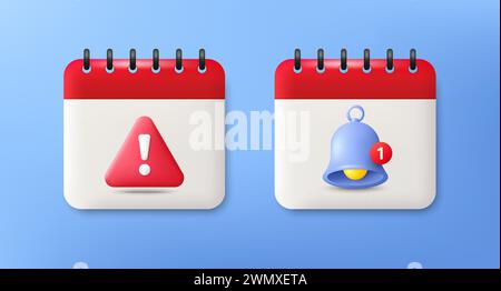 icone del calendario 3d con avvisi di pericolo e segnali di avviso a campana. Promemoria della data di programmazione dell'evento. Illustrazione vettoriale Illustrazione Vettoriale