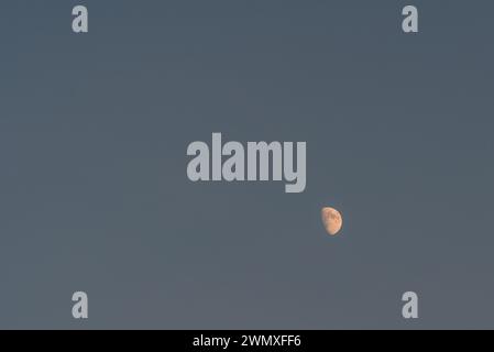 Mezza luna in un cielo sereno e nuvoloso blu in Corea del Sud Foto Stock