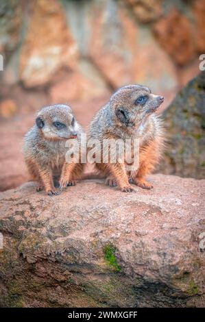 Meerkats (Suricata suricatta) nel loro territorio con il loro comportamento abituale, Eisenberg, Turingia, Germania, Europa Foto Stock