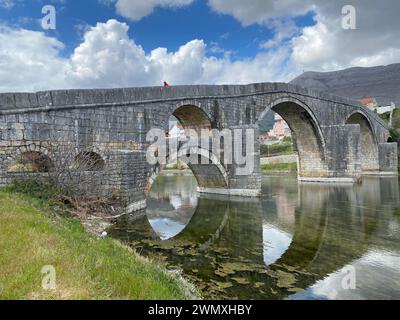 Passaggio storico: Suggestiva scena fluviale con ponte in pietra d'epoca Foto Stock