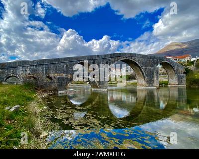Passaggio storico: Suggestiva scena fluviale con ponte in pietra d'epoca Foto Stock