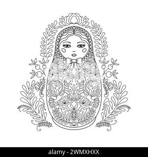 Bambola tradizionale russa che nidifica. Matryoshka dipinto con motivi floreali. Bambola adatta per un libro da colorare, disegnata in stile lineare. Illustrazione Vettoriale
