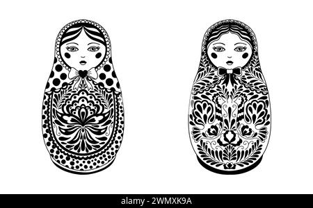 Bambola tradizionale russa che nidifica. Matryoshka dipinto con motivi floreali. Bambola adatta per un libro da colorare, disegnata in stile lineare. Illustrazione Vettoriale