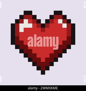 Pixel art rosso cuore isolato su sfondo bianco. Forma del cuore a 8 bit vettoriale. Sfondo del simbolo dell'amore dei cartoni animati. Icona retrò, videogioco a 8 bit. Illustrazione Vettoriale