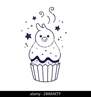 Torta di Pasqua con pulcino in stile cartoon Line. Panificio pasquale disegnato a mano con nidificazione. Stile doodle. Illustrazione isolata su sfondo bianco. Ragazzo Illustrazione Vettoriale