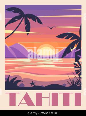 Poster delle destinazioni di viaggio di Tahiti in stile retrò. Illustrazione Vettoriale